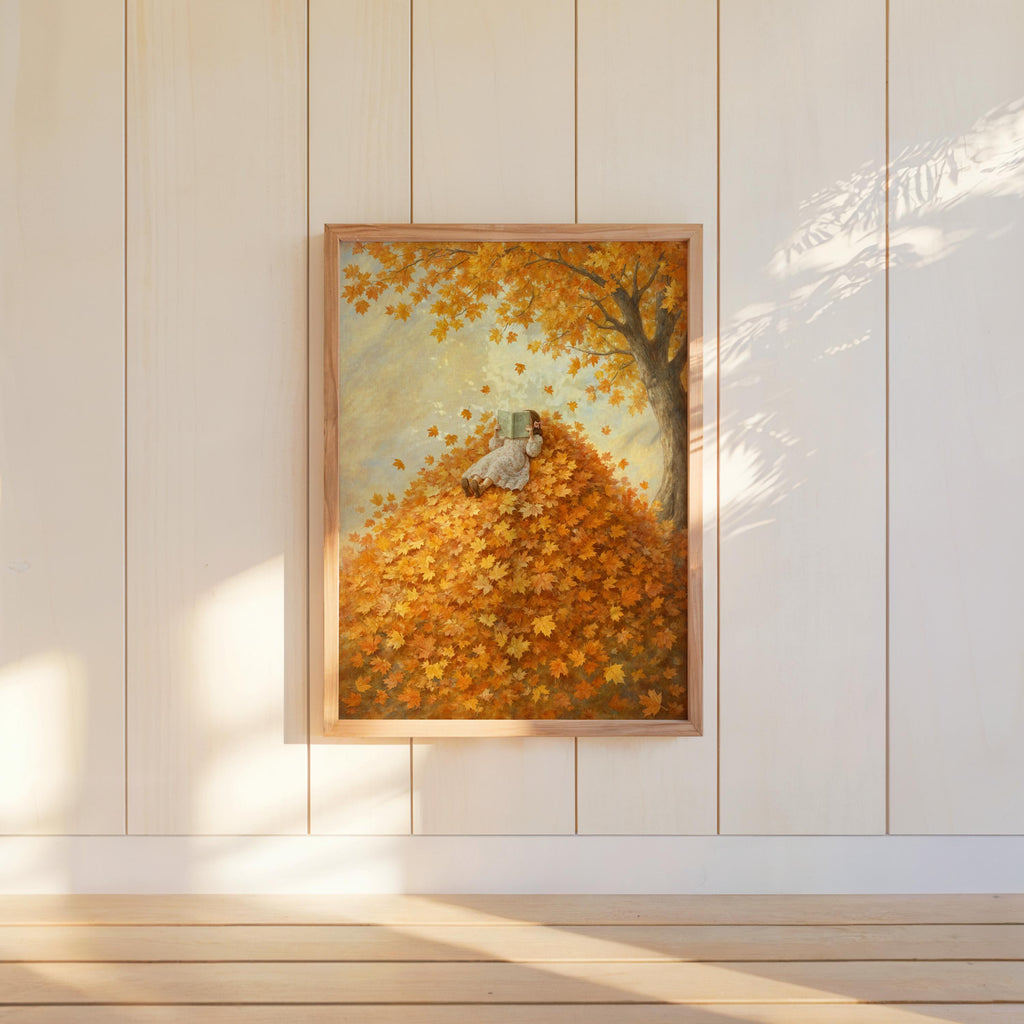 Girl Reading in Autumn Leaves Print, Vintage Storybook Wall Art, Fall Leaf Poster, Cozy Woodland Decor, Book Lover Gift, Botanical Woman