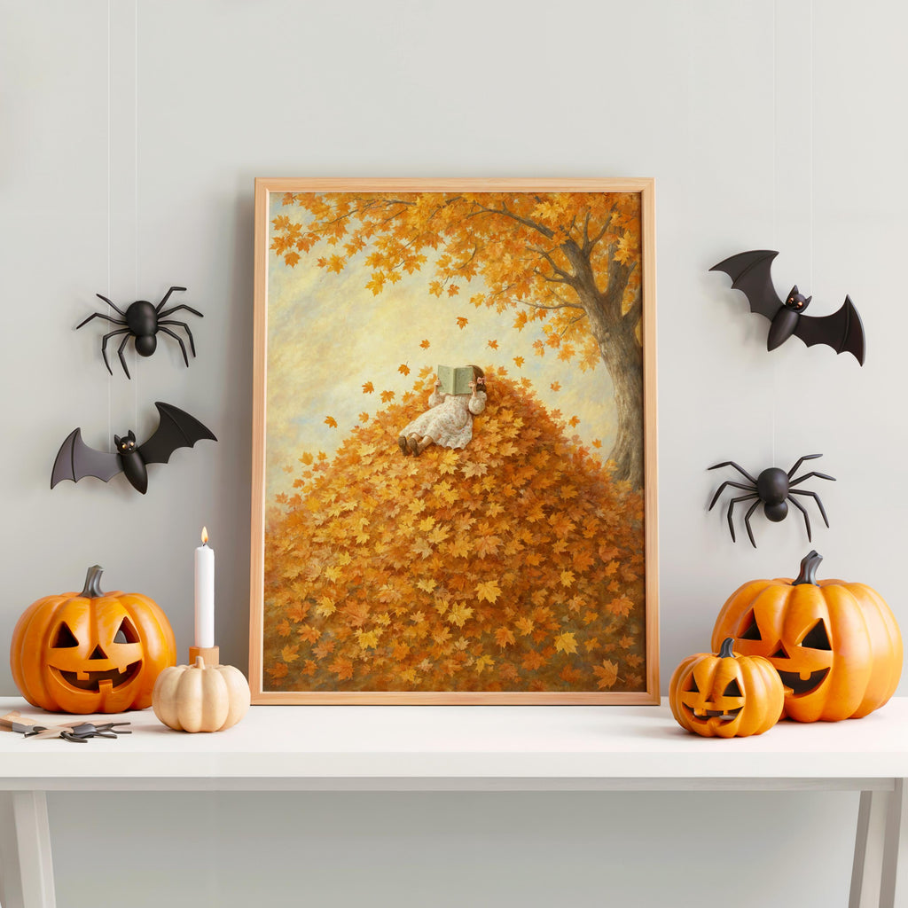 Girl Reading in Autumn Leaves Print, Vintage Storybook Wall Art, Fall Leaf Poster, Cozy Woodland Decor, Book Lover Gift, Botanical Woman