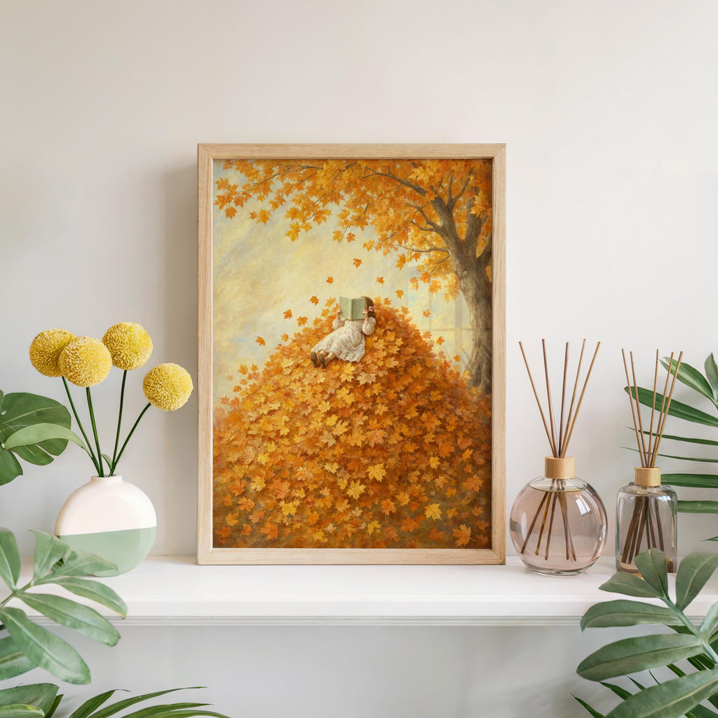 Girl Reading in Autumn Leaves Print, Vintage Storybook Wall Art, Fall Leaf Poster, Cozy Woodland Decor, Book Lover Gift, Botanical Woman