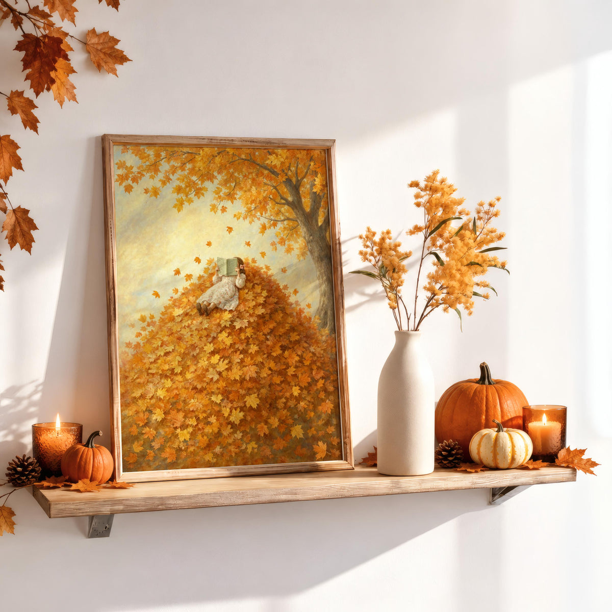 Girl Reading in Autumn Leaves Print, Vintage Storybook Wall Art, Fall Leaf Poster, Cozy Woodland Decor, Book Lover Gift, Botanical Woman