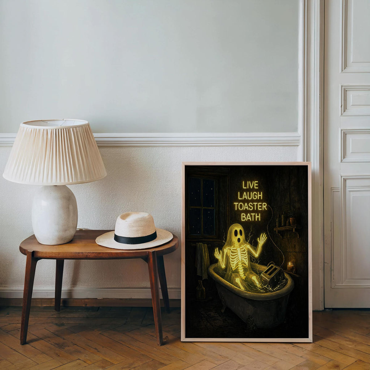 Live Laugh Toaster Bath Print, Funny Ghost Wall Art, Gothic Bathroom Decor, Halloween Poster, Spooky Season Home Gift, Dark Humor Artwork