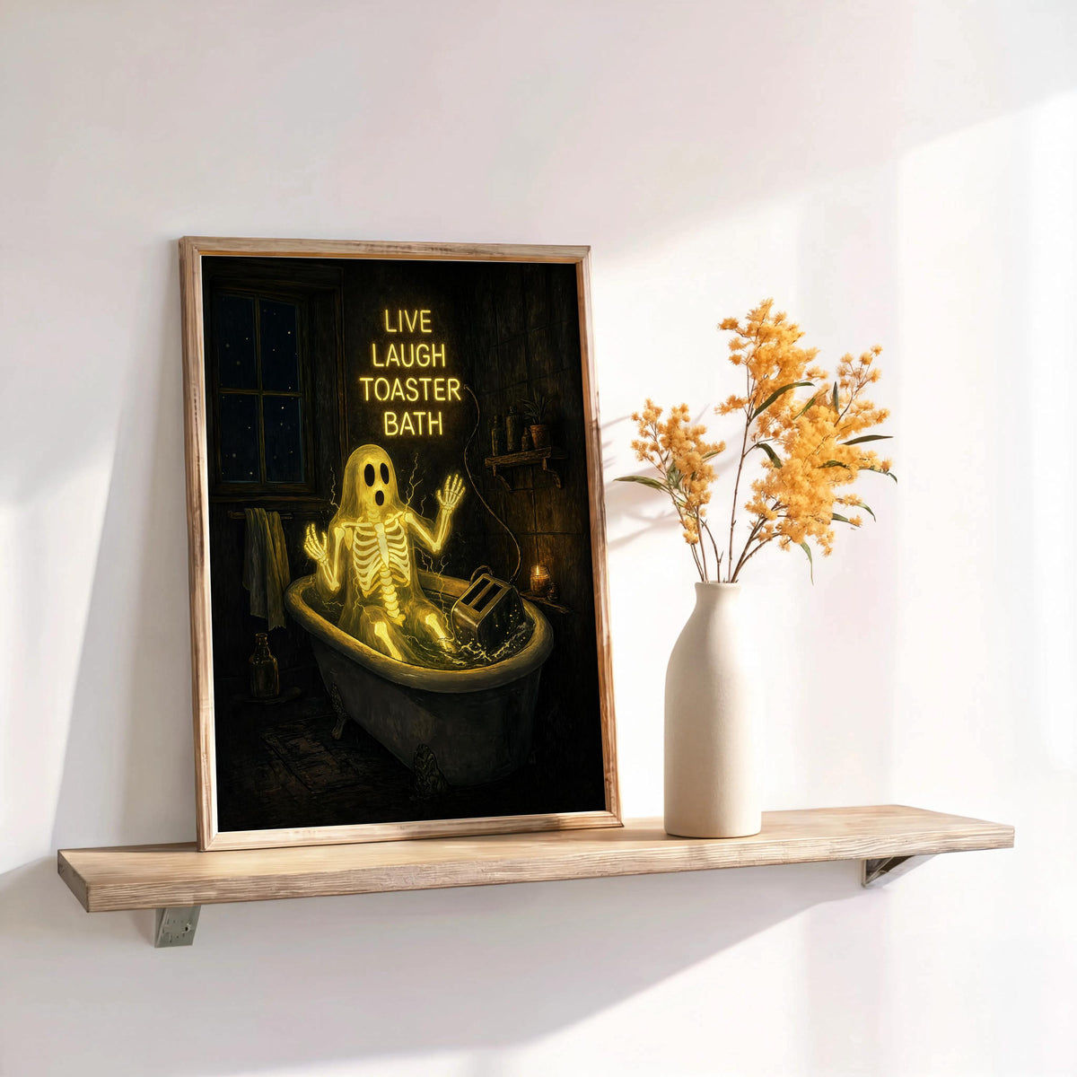 Live Laugh Toaster Bath Print, Funny Ghost Wall Art, Gothic Bathroom Decor, Halloween Poster, Spooky Season Home Gift, Dark Humor Artwork