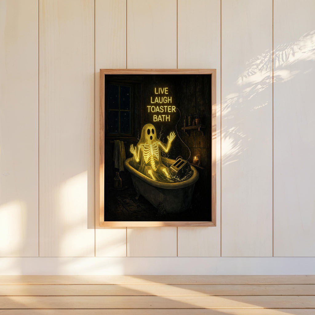 Live Laugh Toaster Bath Print, Funny Ghost Wall Art, Gothic Bathroom Decor, Halloween Poster, Spooky Season Home Gift, Dark Humor Artwork
