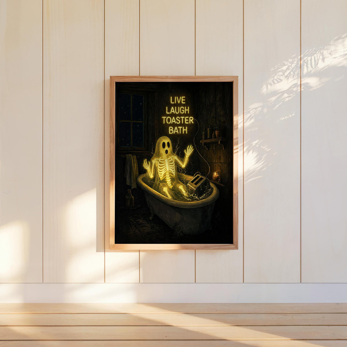 Live Laugh Toaster Bath Print, Funny Ghost Wall Art, Gothic Bathroom Decor, Halloween Poster, Spooky Season Home Gift, Dark Humor Artwork