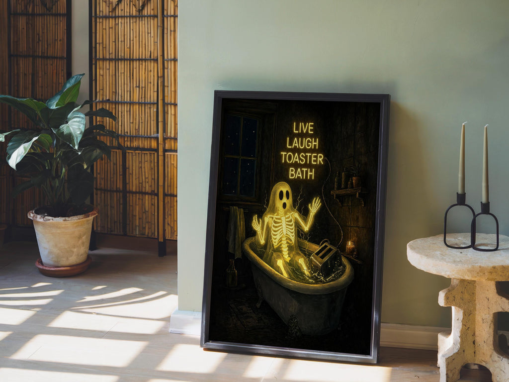 Live Laugh Toaster Bath Print, Funny Ghost Wall Art, Gothic Bathroom Decor, Halloween Poster, Spooky Season Home Gift, Dark Humor Artwork