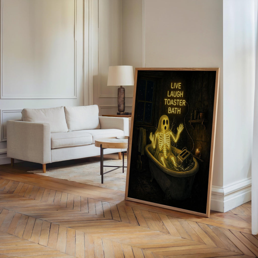 Live Laugh Toaster Bath Print, Funny Ghost Wall Art, Gothic Bathroom Decor, Halloween Poster, Spooky Season Home Gift, Dark Humor Artwork
