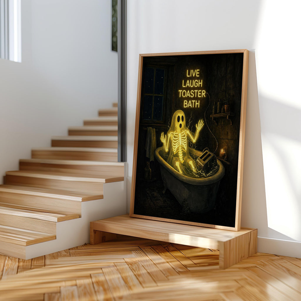 Live Laugh Toaster Bath Print, Funny Ghost Wall Art, Gothic Bathroom Decor, Halloween Poster, Spooky Season Home Gift, Dark Humor Artwork