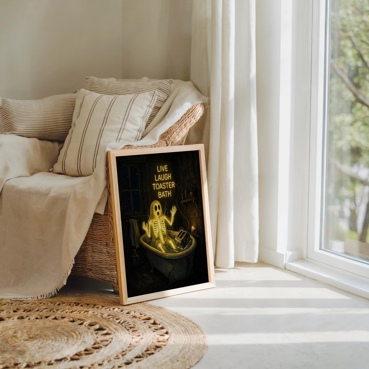 Live Laugh Toaster Bath Print, Funny Ghost Wall Art, Gothic Bathroom Decor, Halloween Poster, Spooky Season Home Gift, Dark Humor Artwork