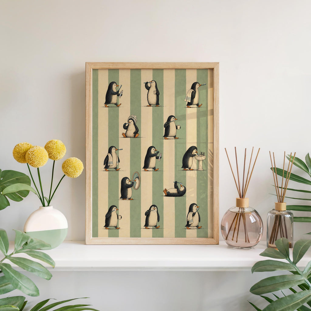 Penguin brushing teeth print on a mantel with yellow billy balls and glass vases, sage green bathroom decor tone