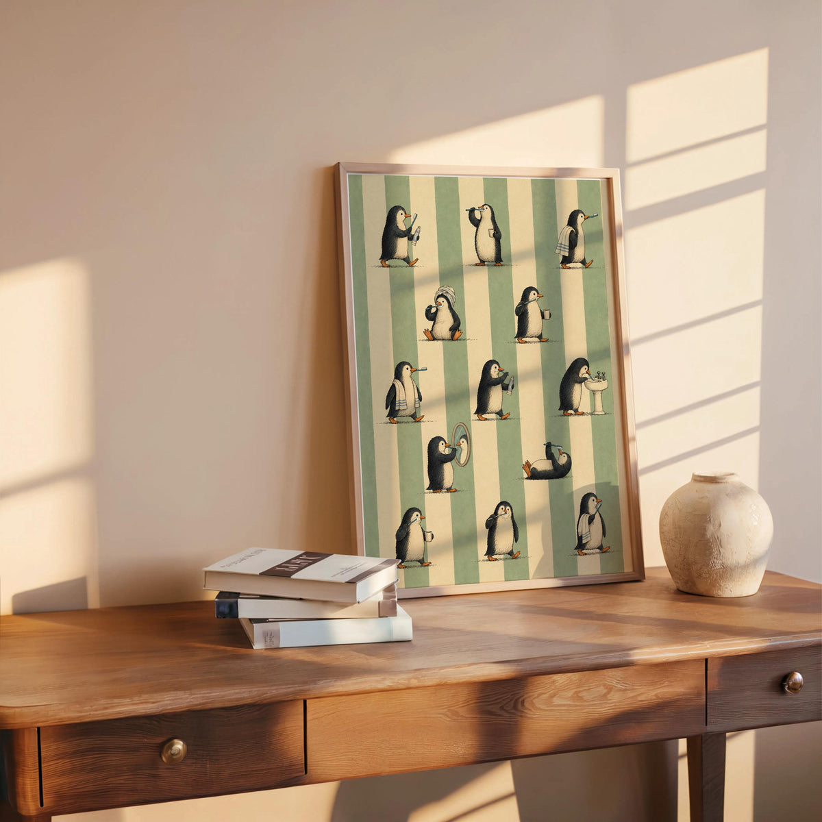 Whimsical animal wall art on a wooden console, stacked books and a small vase, warm late afternoon glow
