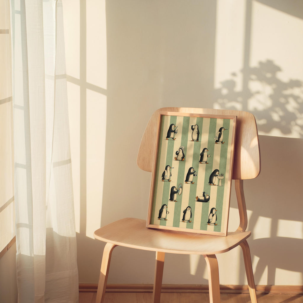 Vintage penguin print seated on a wooden chair in a sunlit corner, curtain shadows add a cozy, nostalgic vibe