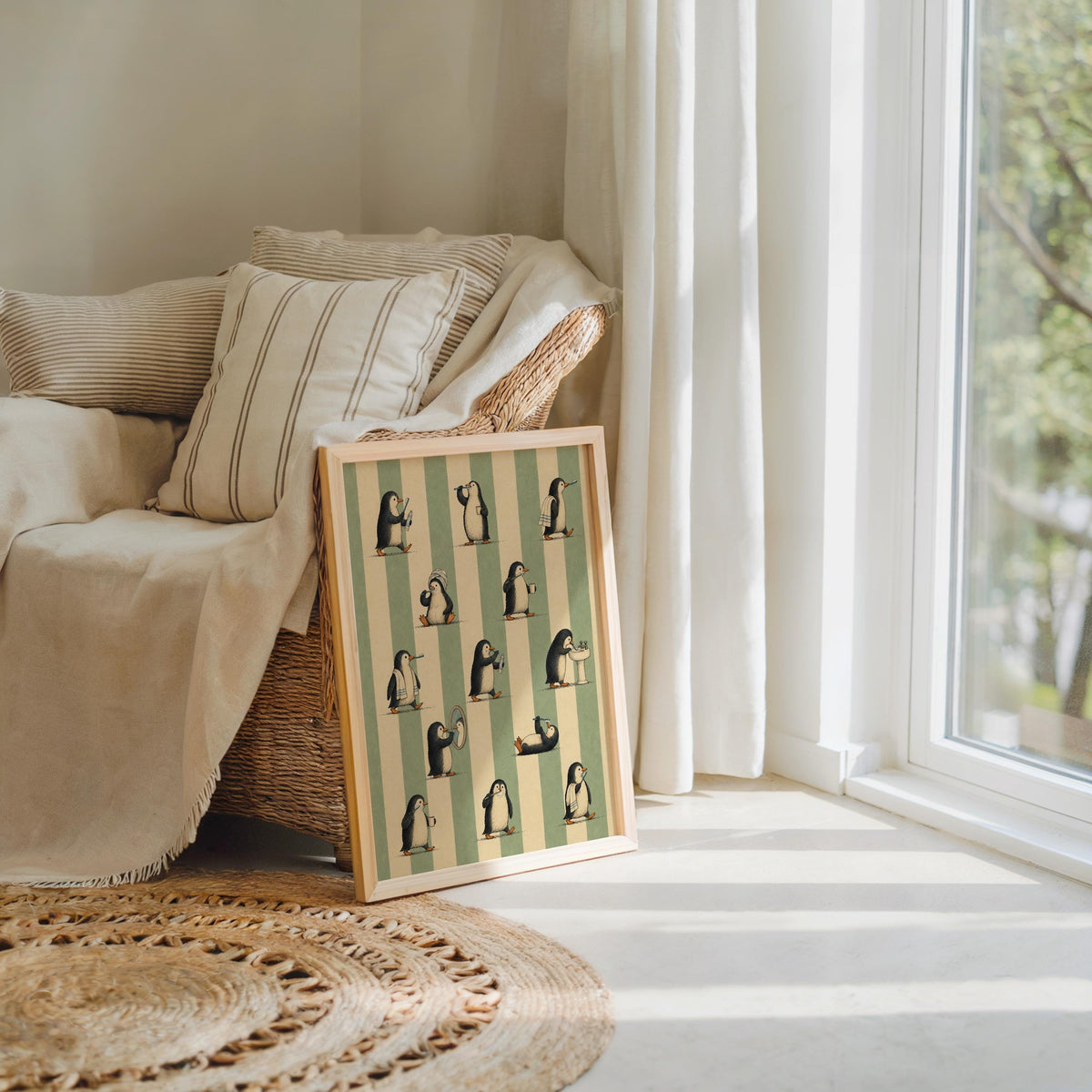 Funny bathroom art resting beside a cozy armchair and woven rug, cream and sage tones, relaxed vignette