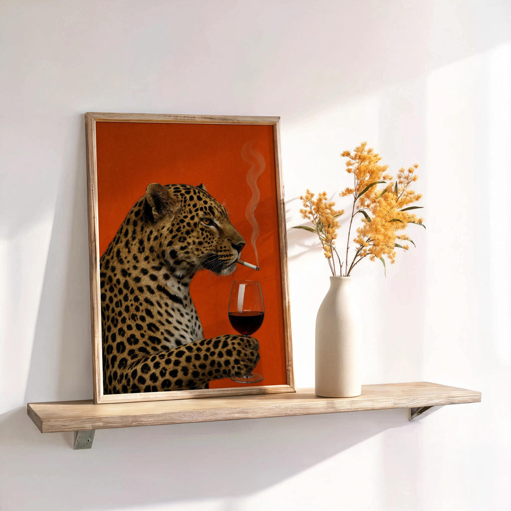 Leopard with Wine & Cigarette Print, Bold Big Cat Poster, Vintage Animal Wall Art, Red Maximalist Decor, Funny Sophisticated Gift