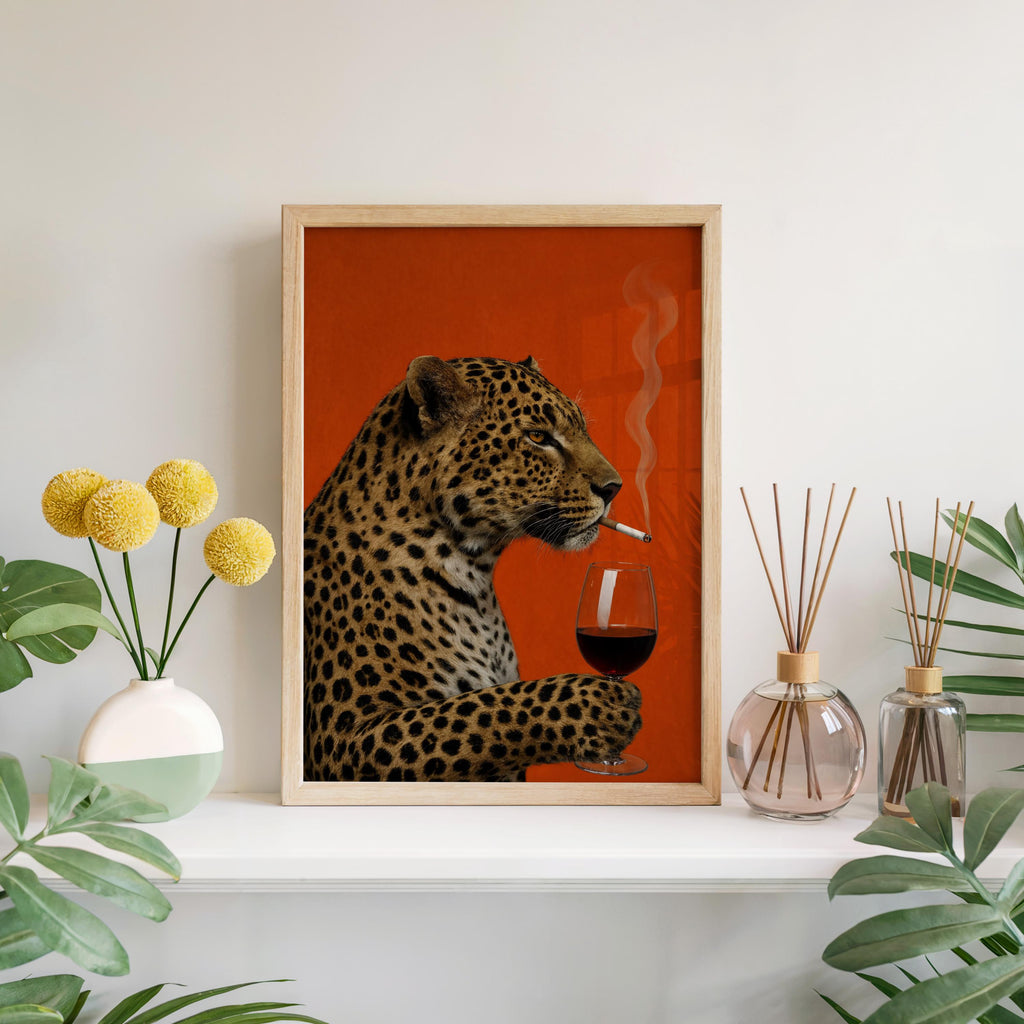 Leopard with Wine & Cigarette Print, Bold Big Cat Poster, Vintage Animal Wall Art, Red Maximalist Decor, Funny Sophisticated Gift