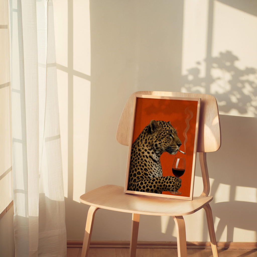 Leopard with Wine & Cigarette Print, Bold Big Cat Poster, Vintage Animal Wall Art, Red Maximalist Decor, Funny Sophisticated Gift