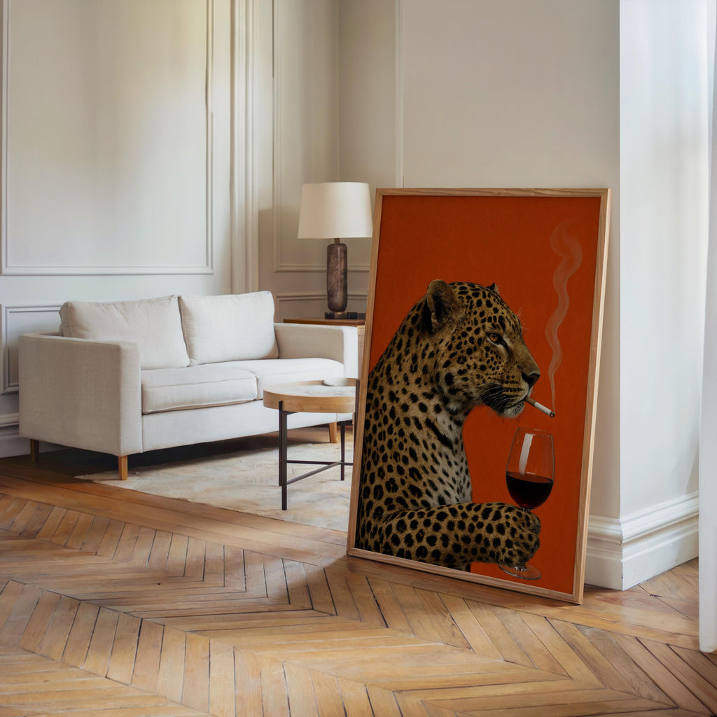 Leopard with Wine & Cigarette Print, Bold Big Cat Poster, Vintage Animal Wall Art, Red Maximalist Decor, Funny Sophisticated Gift