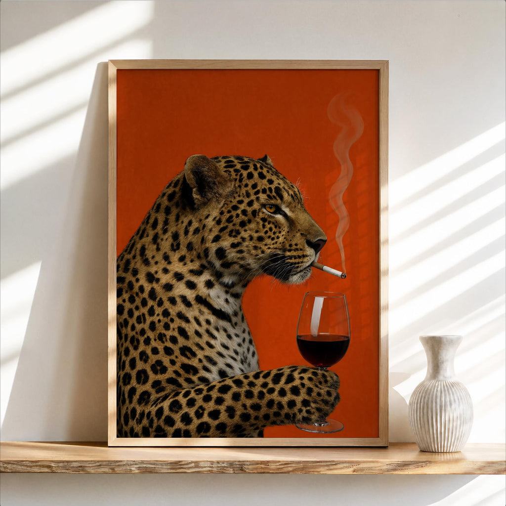 Leopard with Wine & Cigarette Print, Bold Big Cat Poster, Vintage Animal Wall Art, Red Maximalist Decor, Funny Sophisticated Gift