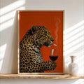 Leopard with Wine & Cigarette Print, Bold Big Cat Poster, Vintage Animal Wall Art, Red Maximalist Decor, Funny Sophisticated Gift