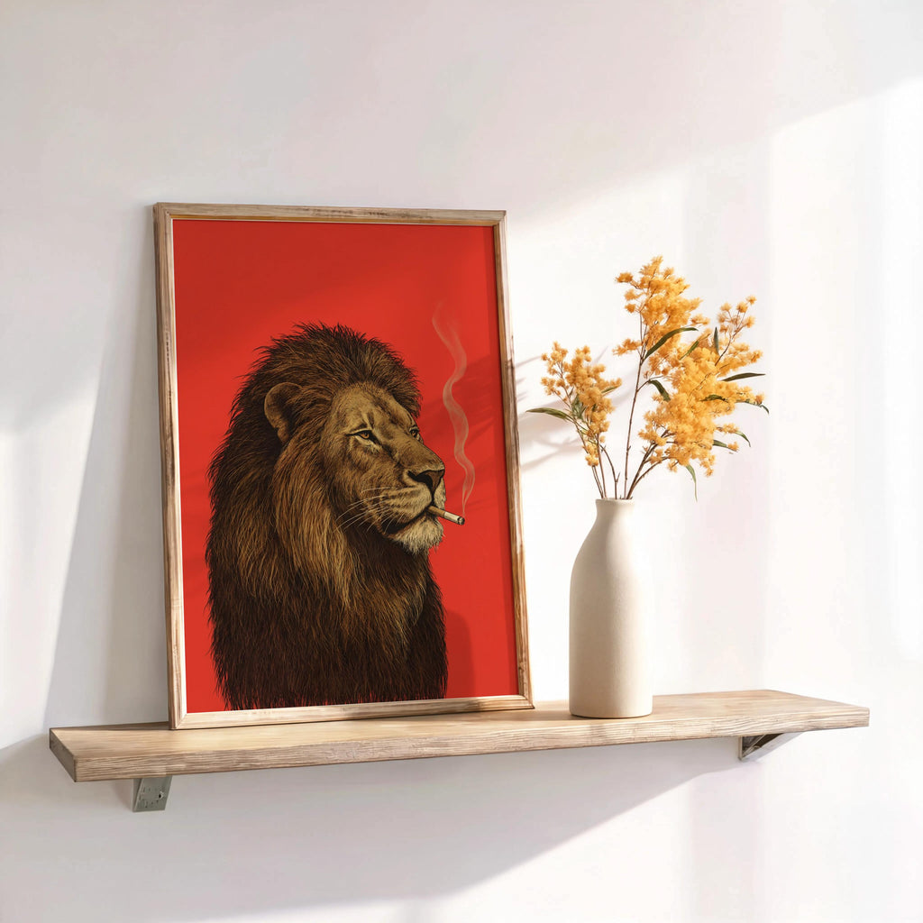 Lion Smoking Cigarette Print, Retro Big Cat Poster, Funny Bold Red Wall Art, Maximalist Animal Decor, Stylish Safari Gift for Men