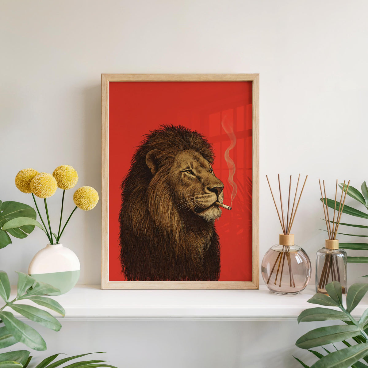 Lion Smoking Cigarette Print, Retro Big Cat Poster, Funny Bold Red Wall Art, Maximalist Animal Decor, Stylish Safari Gift for Men