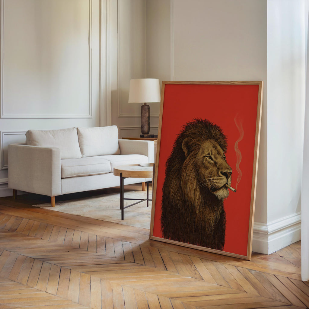 Lion Smoking Cigarette Print, Retro Big Cat Poster, Funny Bold Red Wall Art, Maximalist Animal Decor, Stylish Safari Gift for Men