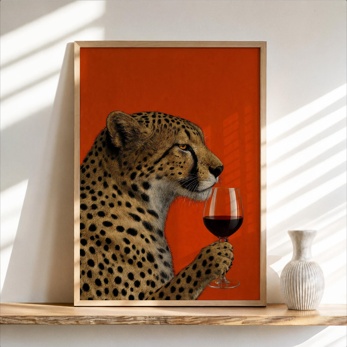 Framed cheetah wine wall art on a white shelf, rust-red background, cheetah holding a glass of wine.