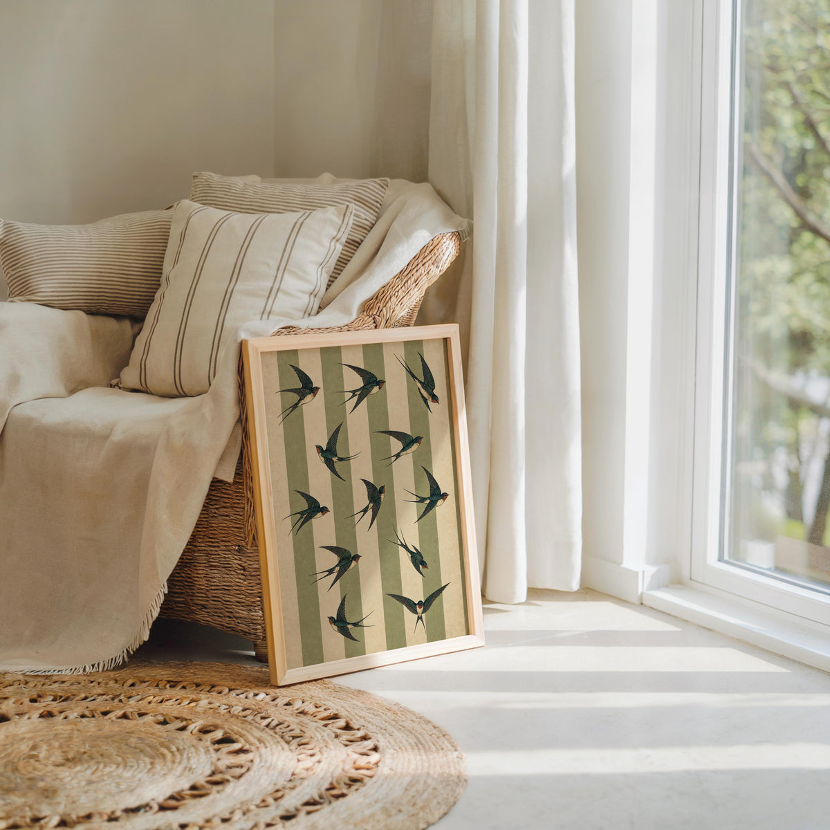 Swallow bird print propped by a woven chair and cushion, songbird wall decor styled as a bird lover gift
