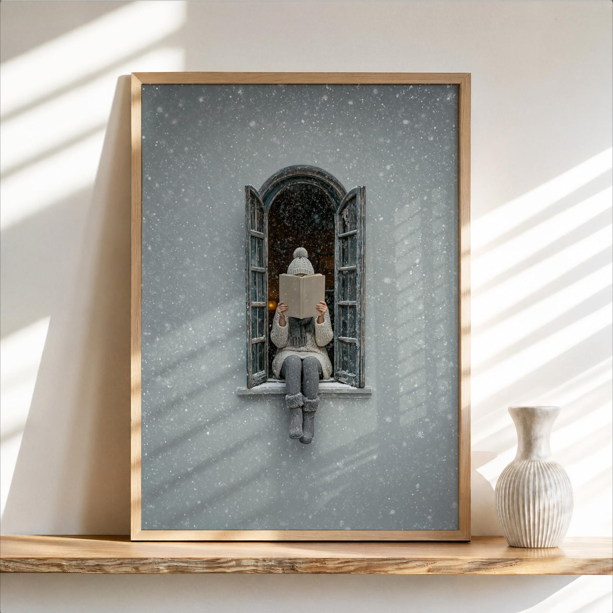 Woman Reading in Winter Window Print, Cozy Snowy Book Lover Wall Art, Christmas Bookish Decor, Hygge Home Gift, Romantic Facade Poster