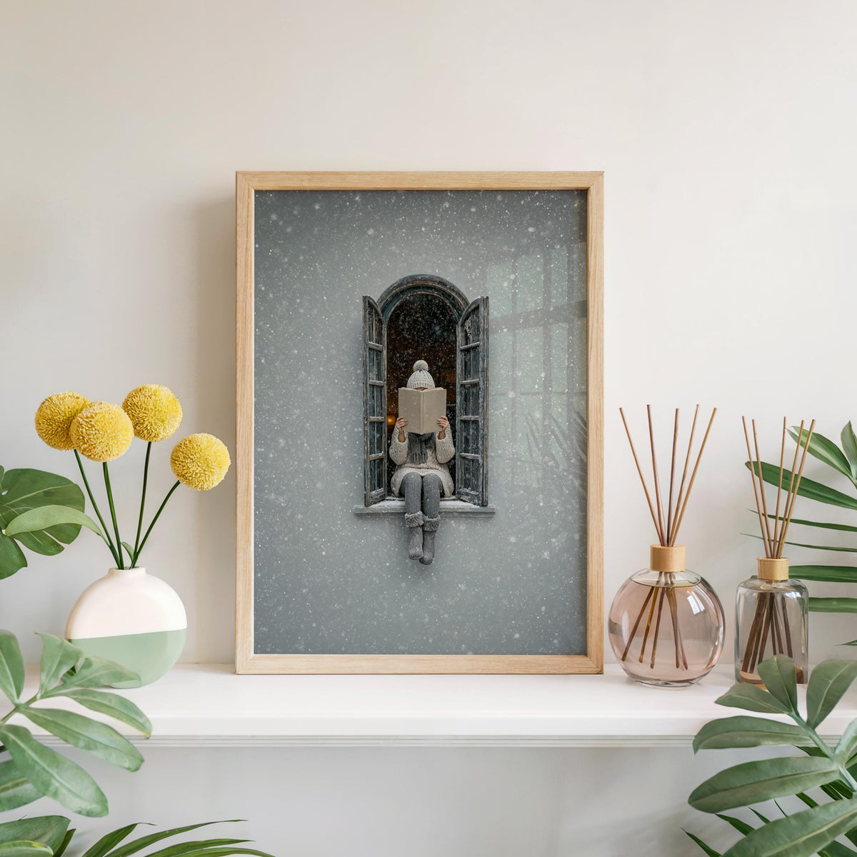 Woman Reading in Winter Window Print, Cozy Snowy Book Lover Wall Art, Christmas Bookish Decor, Hygge Home Gift, Romantic Facade Poster