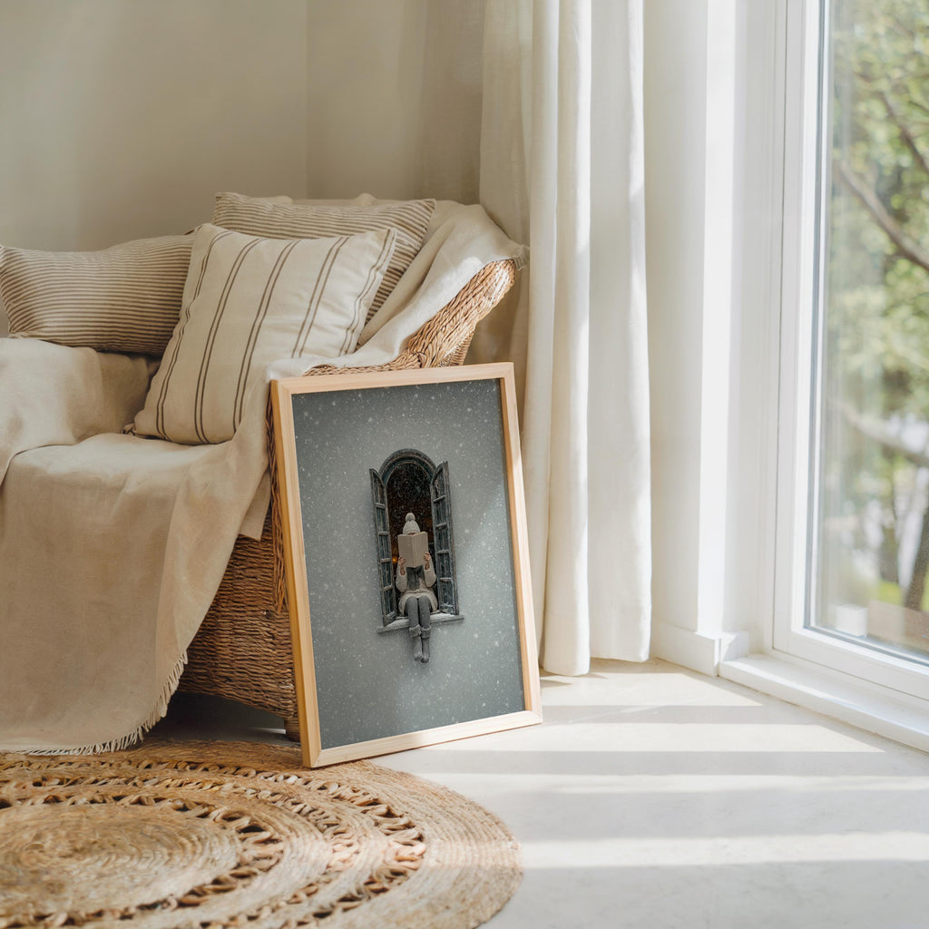 Woman Reading in Winter Window Print, Cozy Snowy Book Lover Wall Art, Christmas Bookish Decor, Hygge Home Gift, Romantic Facade Poster