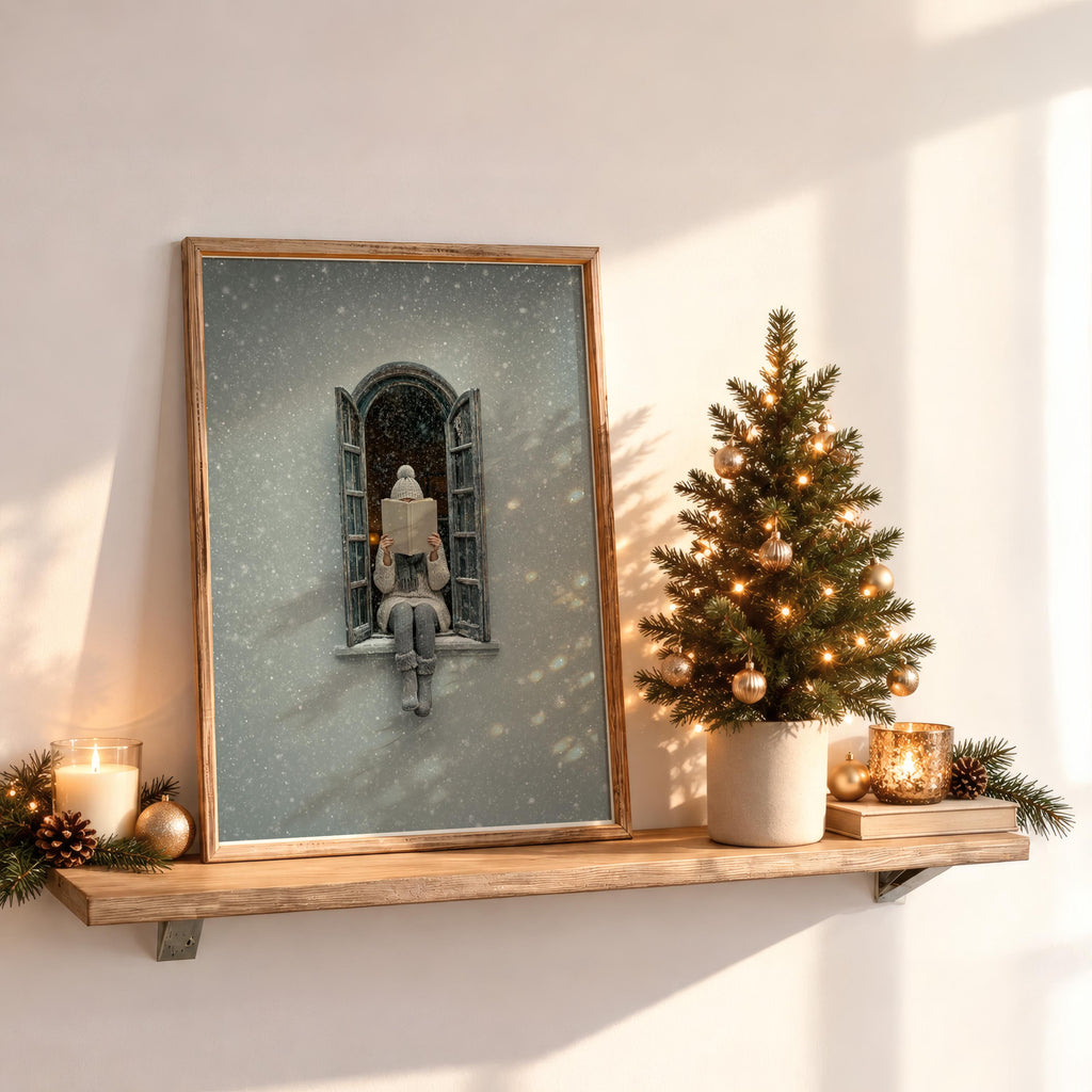 Woman Reading in Winter Window Print, Cozy Snowy Book Lover Wall Art, Christmas Bookish Decor, Hygge Home Gift, Romantic Facade Poster