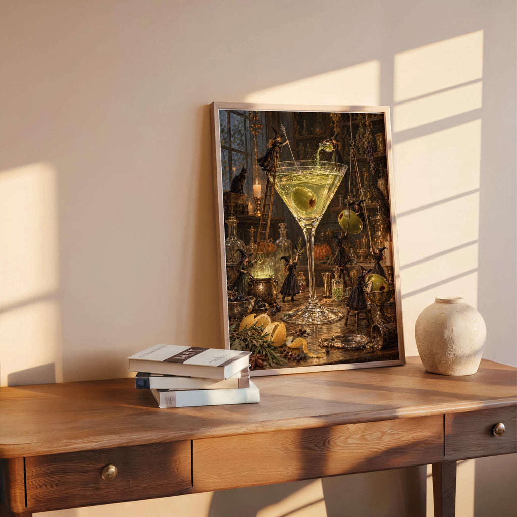 Martini Witches Halloween Print, Tiny People Spooky Season Poster, Vintage Potion Kitchen Wall Decor, Whimsical Cocktail Bar Illustration
