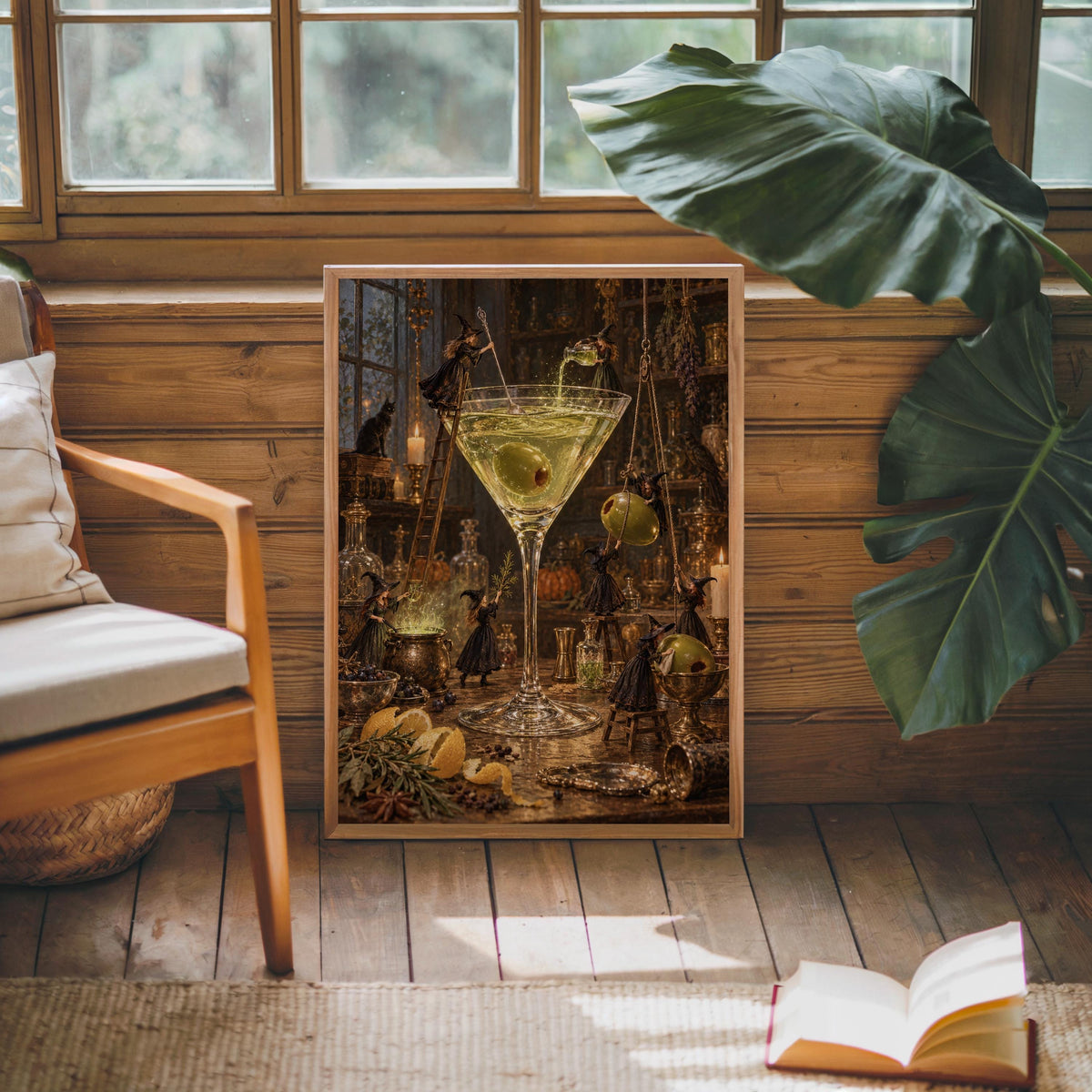 Martini Witches Halloween Print, Tiny People Spooky Season Poster, Vintage Potion Kitchen Wall Decor, Whimsical Cocktail Bar Illustration