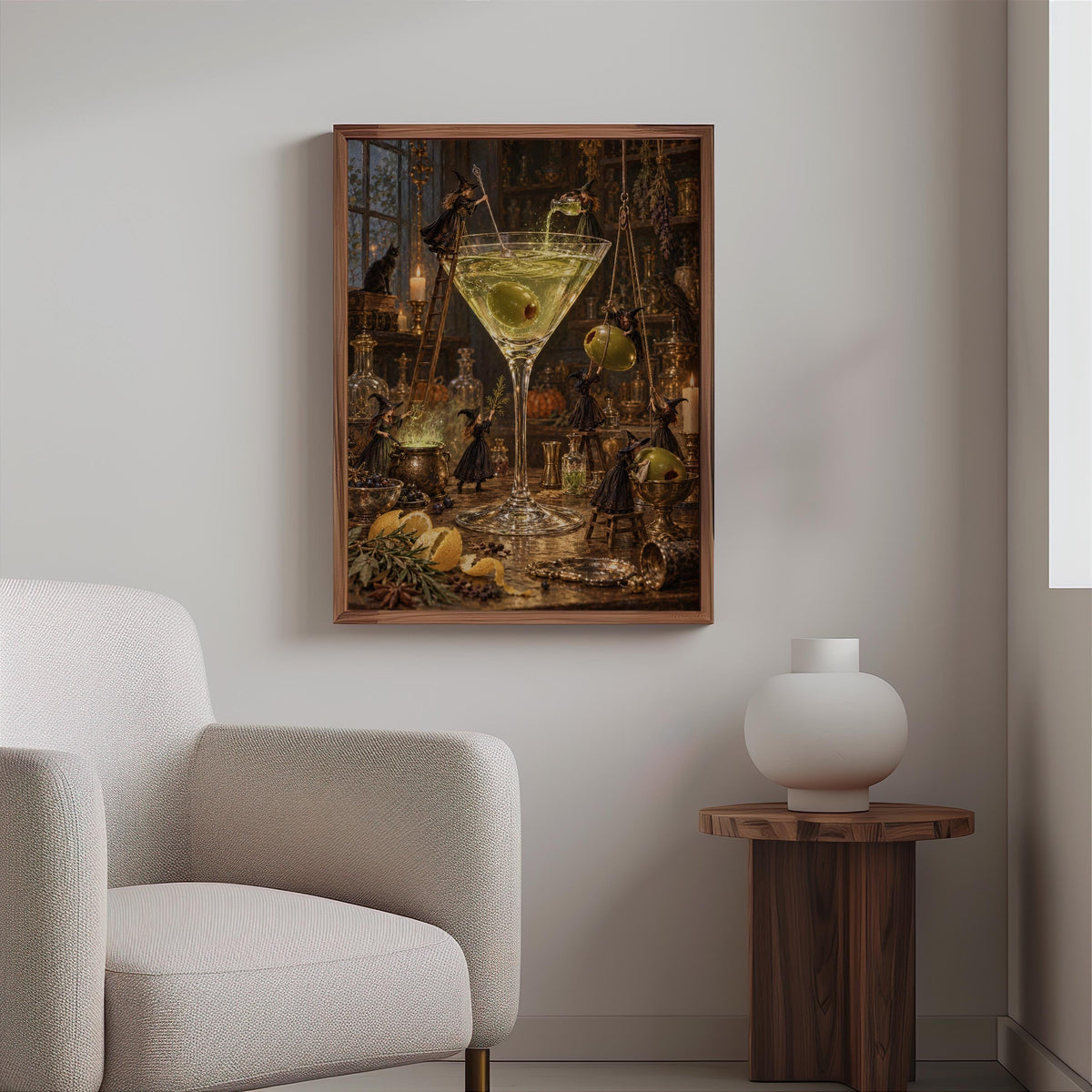 Martini Witches Halloween Print, Tiny People Spooky Season Poster, Vintage Potion Kitchen Wall Decor, Whimsical Cocktail Bar Illustration