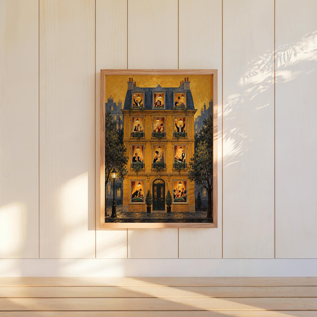 Framed mustard poster hung on paneled wall, long sunlight, Parisian building art, poker night wall art