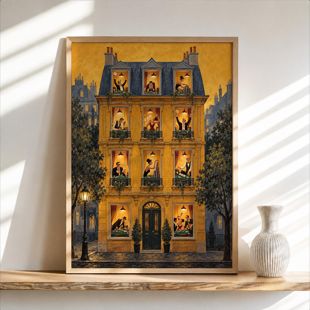 Framed mustard Parisian building print on shelf, warm window poker scenes, poker night wall art