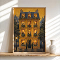 Framed mustard Parisian building print on shelf, warm window poker scenes, poker night wall art