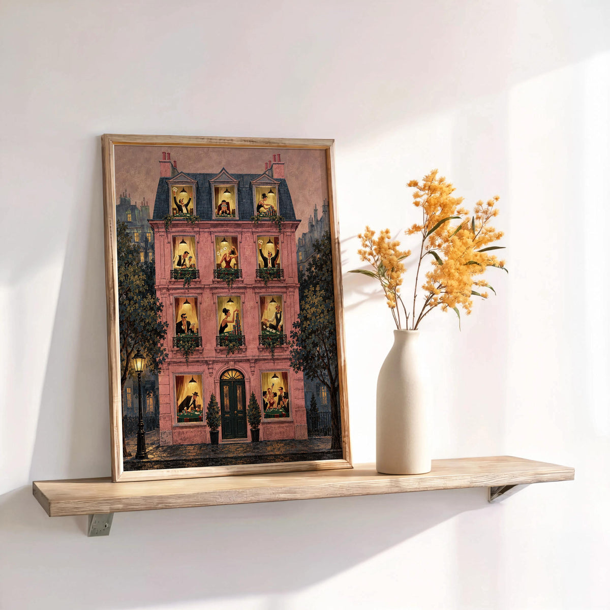 Pink framed poster on shelf with dried stems, visible poker hands in windows, poker night wall art