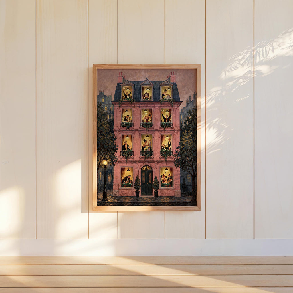 Pink framed poster hung on paneled wall, subtle shadows, playing card wall art details, poker night wall art