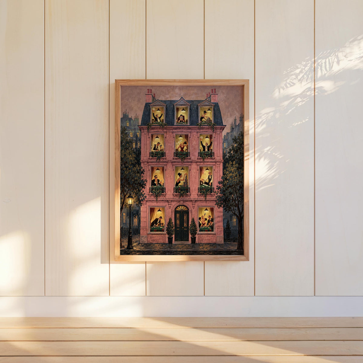 Pink framed poster hung on paneled wall, subtle shadows, playing card wall art details, poker night wall art