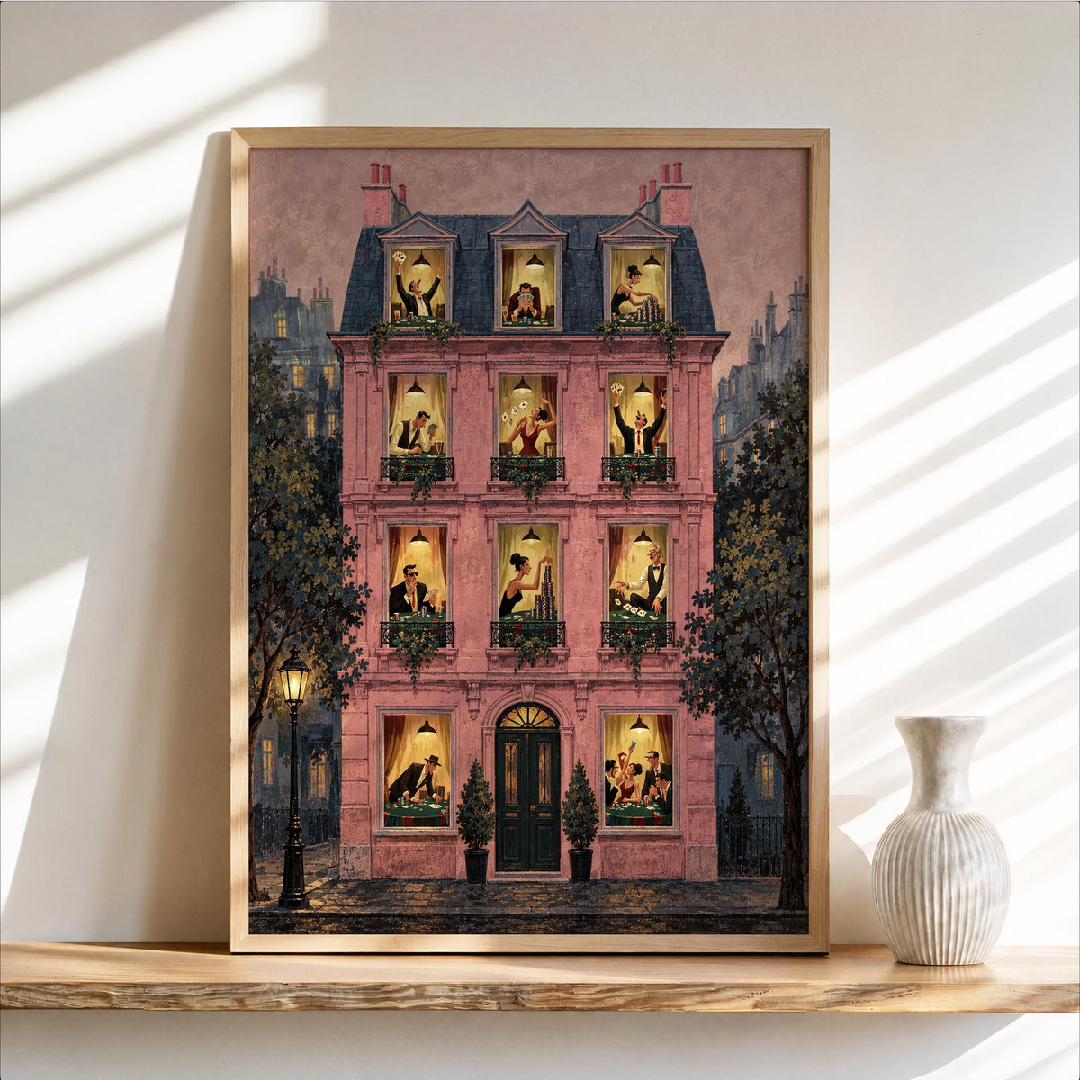 Soft pink Parisian apartment poster framed on shelf, cozy poker scenes, poker night wall art