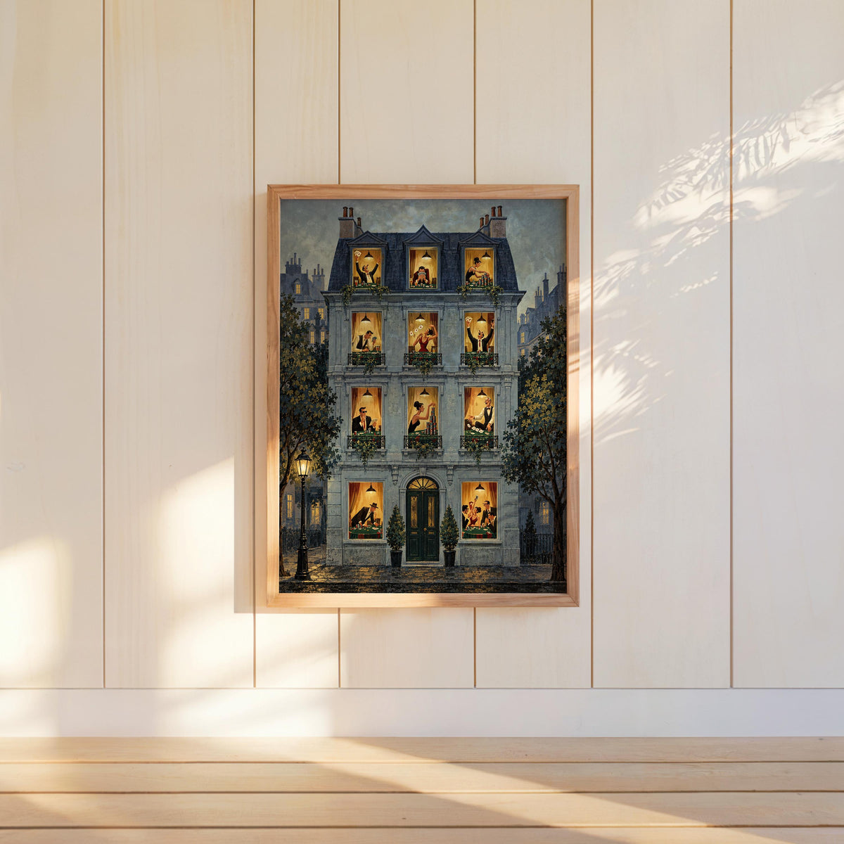 Dark teal framed poster on paneled wall, night windows glow with card players, card game poster, poker night wall art