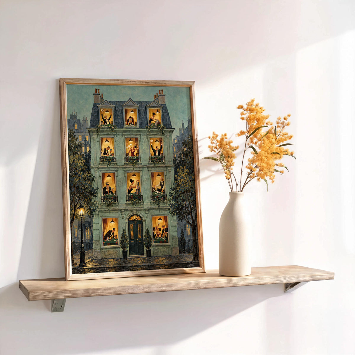 Blue-green framed print on shelf with dried stems, interior lamp glow, poker night wall art