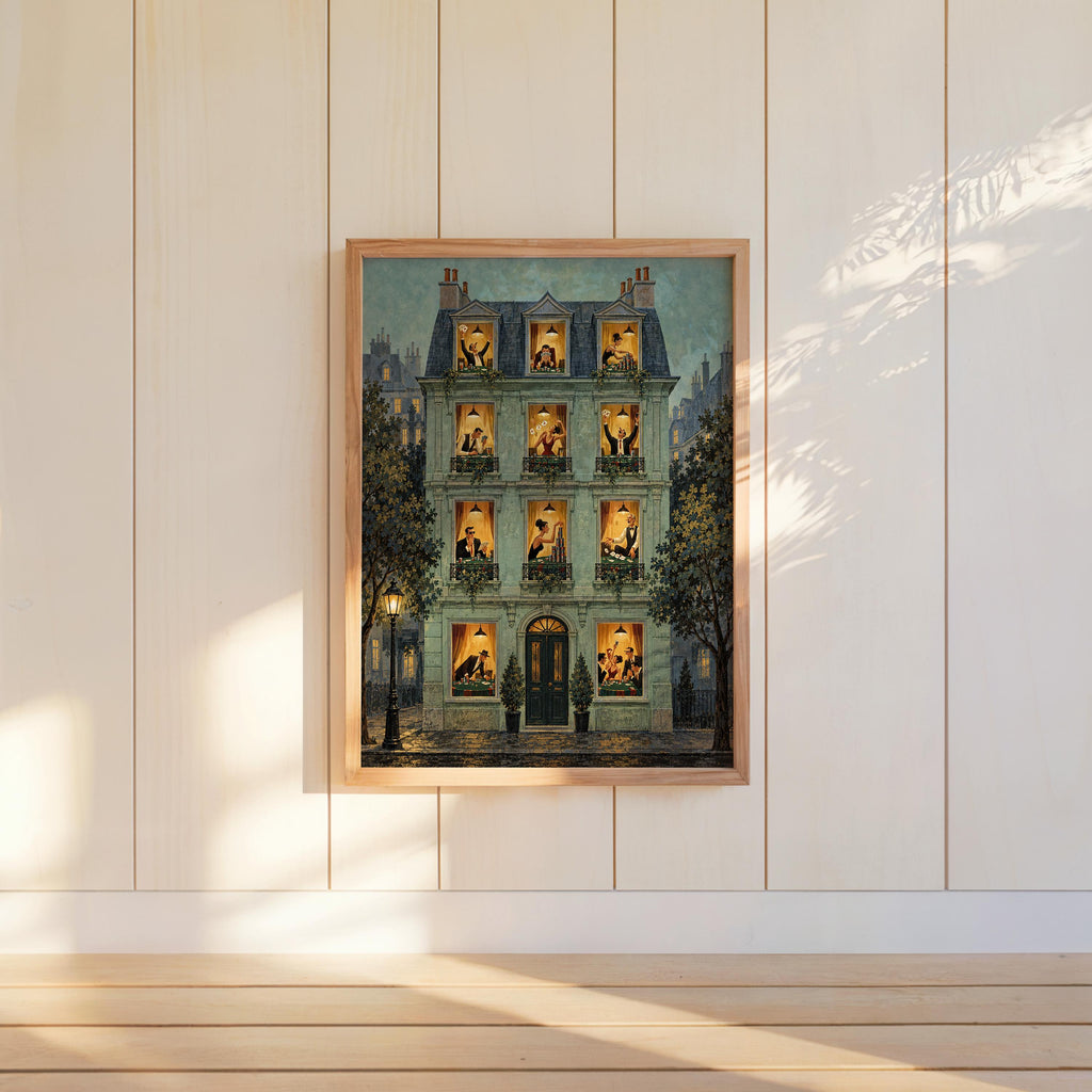 Blue-green framed print on paneled wall, evening light, casino wall art feel, poker night wall art