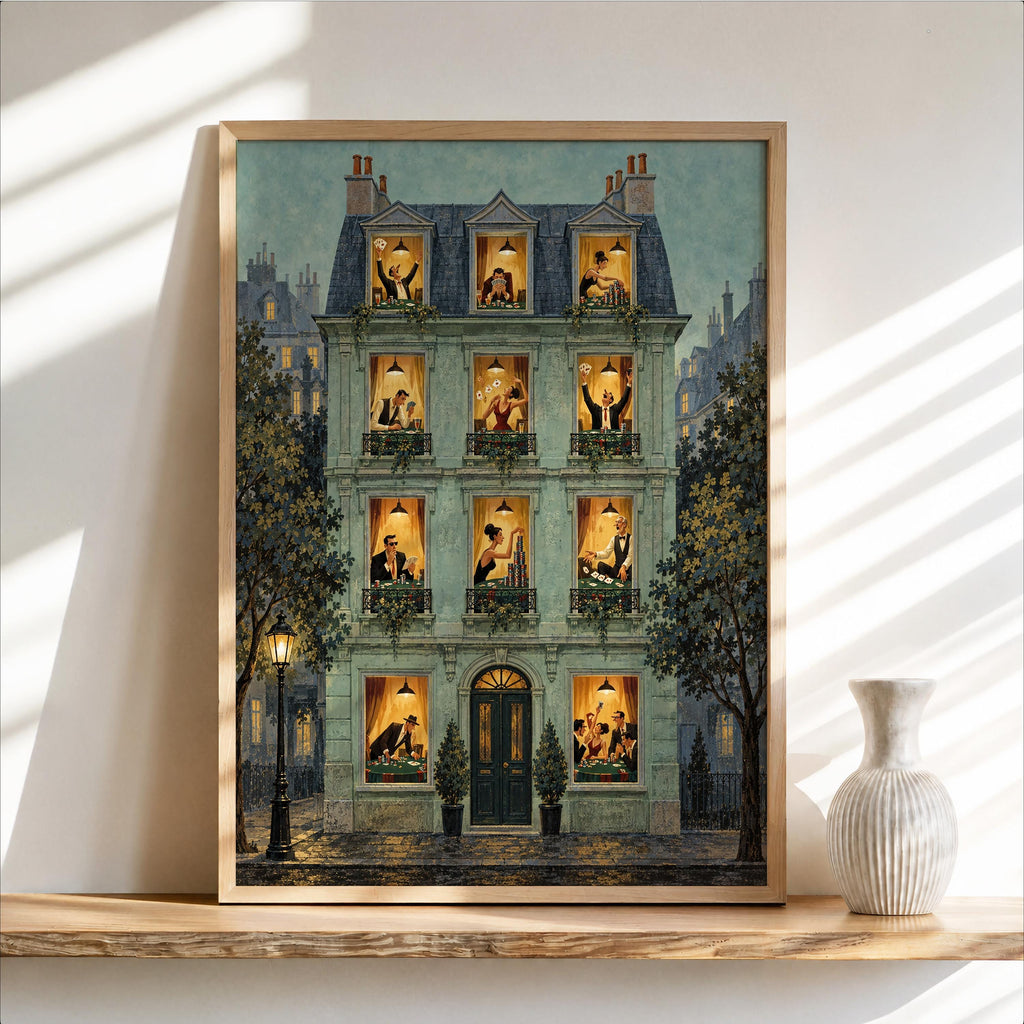 Blue-green Parisian apartment print in frame, glowing card games visible, poker night wall art