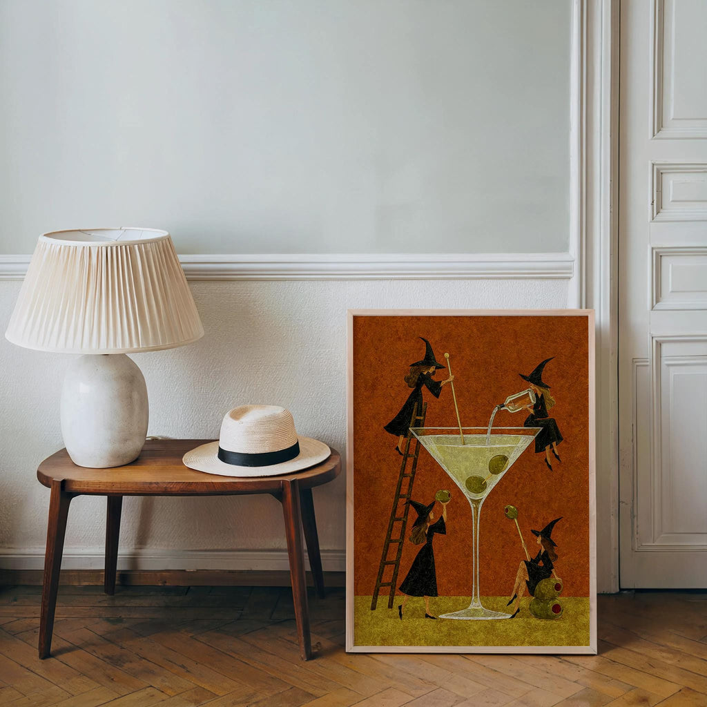 Witch Martini Wall Art, Vintage Halloween Poster, Tiny Witches Making a Giant Cocktail, Retro Bar Decor, Spooky Season Funny Print