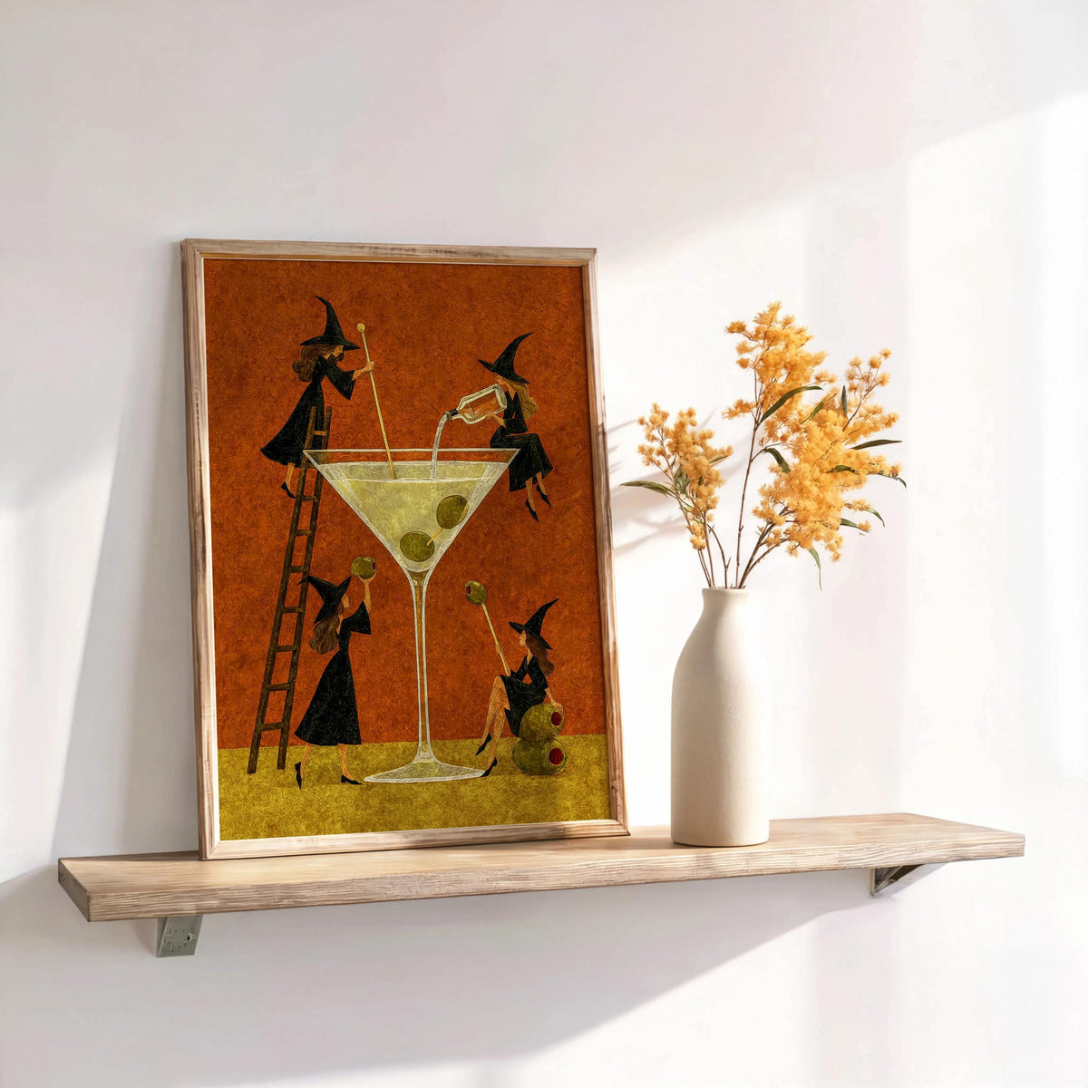 Witch Martini Wall Art, Vintage Halloween Poster, Tiny Witches Making a Giant Cocktail, Retro Bar Decor, Spooky Season Funny Print