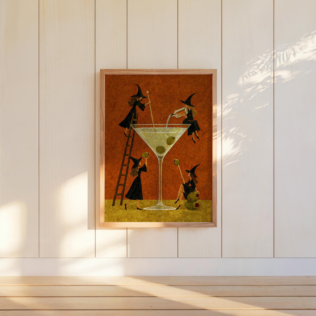 Witch Martini Wall Art, Vintage Halloween Poster, Tiny Witches Making a Giant Cocktail, Retro Bar Decor, Spooky Season Funny Print