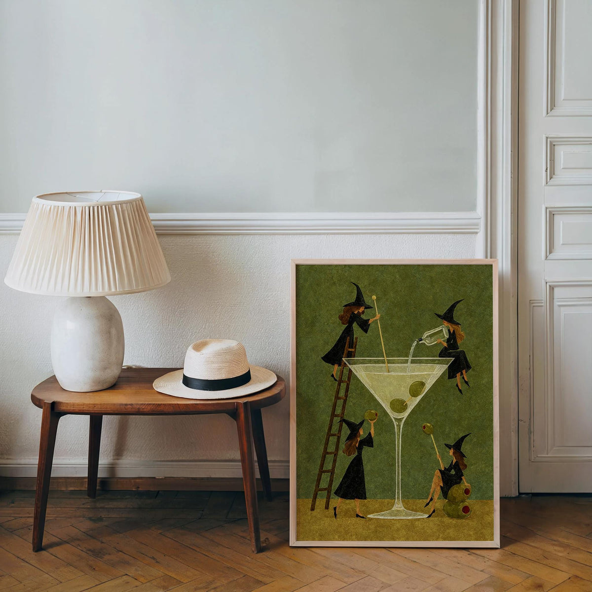 Witch Martini Wall Art, Vintage Halloween Poster, Tiny Witches Making a Giant Cocktail, Retro Bar Decor, Spooky Season Funny Print