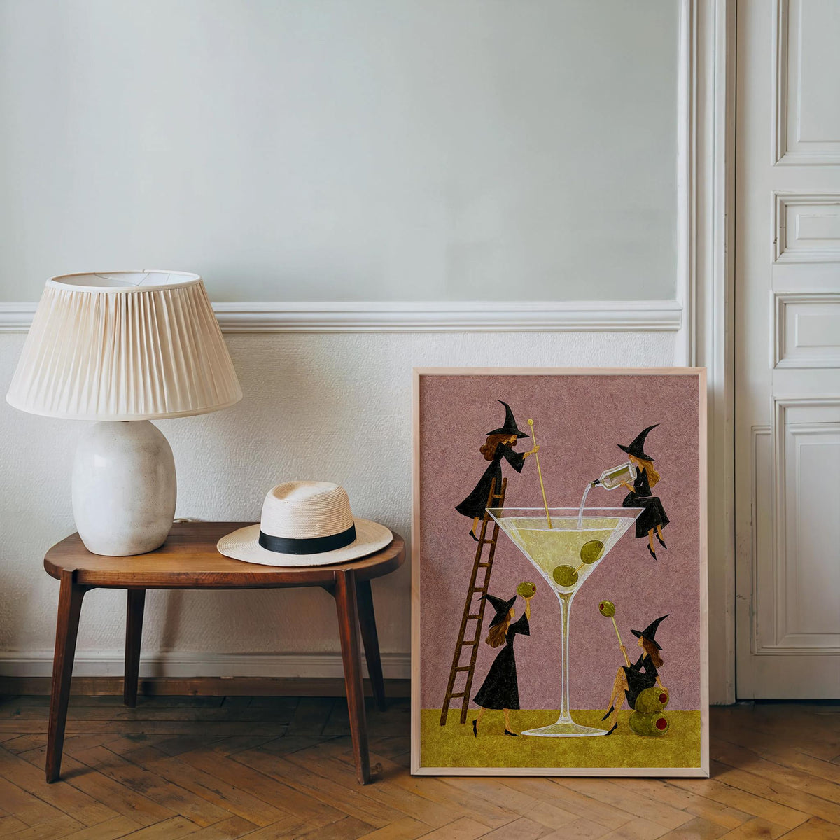 Witch Martini Wall Art, Vintage Halloween Poster, Tiny Witches Making a Giant Cocktail, Retro Bar Decor, Spooky Season Funny Print